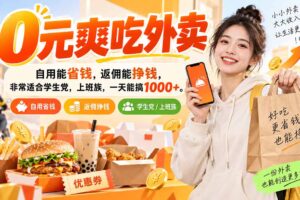 （20310期）0元爽吃外卖，自用能省钱，返佣能挣钱，非常适合学生党，上班族，一天能搞1000+