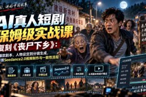 （20359期）AI真人短剧保姆级实战课，复刻《丧尸下乡》：从爆款剧本、人物设定到分镜生成，掌握Seedance2.0视频制作与一致性流程