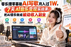 零乐理零基础AI写歌月入过1W，7天AI音乐变现实战课，把AI音乐做成被动收入副业