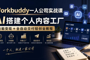 Workbuddy一人公司实战课，AI搭建个人内容工厂，技能变现+全自动交付轻创业教程​