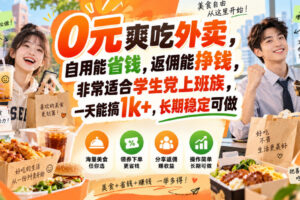 0元爽吃外卖，自用能省钱，返佣能挣钱，非常适合学生党上班族，一天能搞1k+，长期稳定可做