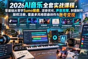 2026AI音乐实战课程，零基础从零学Suno编曲、混音优化、声音克隆、版权注册，覆盖多风格歌曲创作与账号变现