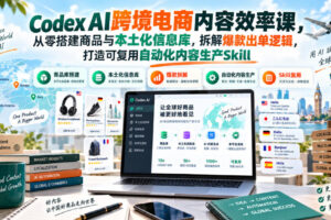 Codex AI跨境电商内容效率课，从零搭建商品与本土化信息库，拆解爆款出单逻辑，打造可复用自动化内容生产Skill