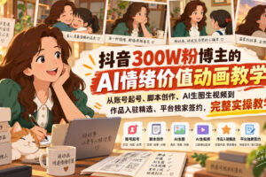 抖音300W粉博主的AI情绪价值动画教学，从账号起号、脚本创作、AI生图生视频到作品入驻精选、平台独家签约，完整实操