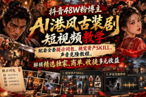 抖音48W粉博主AI港风古装剧短视频教学，配套全套提示词包、视觉资产SKILL、声音克隆教程，解锁精选独家、商单、收徒多元收益