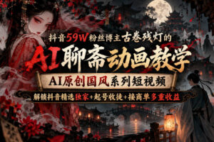 抖音59W粉丝博主古卷残灯的AI聊斋动画教学，AI原创国风系列短视频，解锁抖音精选独家+起号收徒+接商单多重收益