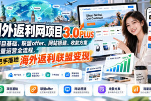 国外返利网项目3.0PLUS，从项目基础、联盟offer、网站搭建、收款方案到流量运营全流程，手把手落地海外返利联盟变现