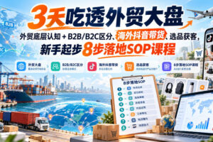 3天吃透外贸大盘，外贸底层认知+B2B/B2C区分、海外抖音带货、选品获客，新手起步8步落地SOP课程