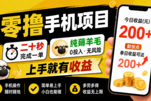 零撸手机项目，二十秒完成一单，纯薅羊毛，上手就有收益，勤快点单日收益可达200+【揭秘】