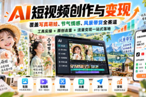AI短视频创作与变现，覆盖写真萌娃、节气情感、风景带货全赛道，工具实操+原创去重+流量变现一站式落地