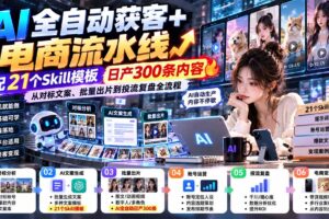 （20729期）【无水印】AI全自动获客+电商流水线-更新完结：配21个Skill模板，日产300条内容，从对标文案、批量出片到投流全流程