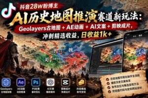 （20809期）抖音28W粉博主AI历史地图推演赛道新玩法：Geolayers古地图+AE动画+AI文案+剪映成片，冲刺精选收益，日收益1k+