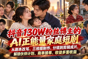 抖音130W粉丝博主的AI正能量家庭短剧，从剧本改写、三视图制作、分镜到剪辑成片，解锁伙伴计划、商单接单、收徒多重收益（更新1007）