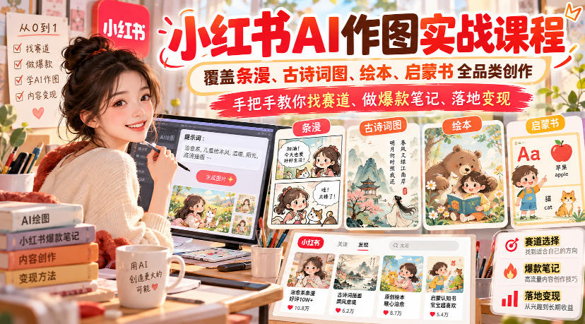 小红书AI作图实战课程，覆盖条漫、古诗词图、绘本、启蒙书全品类创作，手把手教你找赛道、做爆款笔记、落地变现（更新1009）