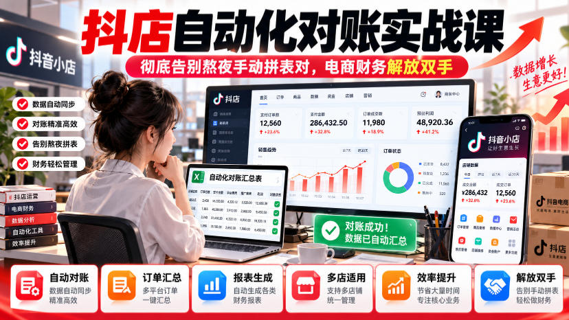 抖店自动化对账实战课，彻底告别熬夜手动拼表对，账电商财务解放双手