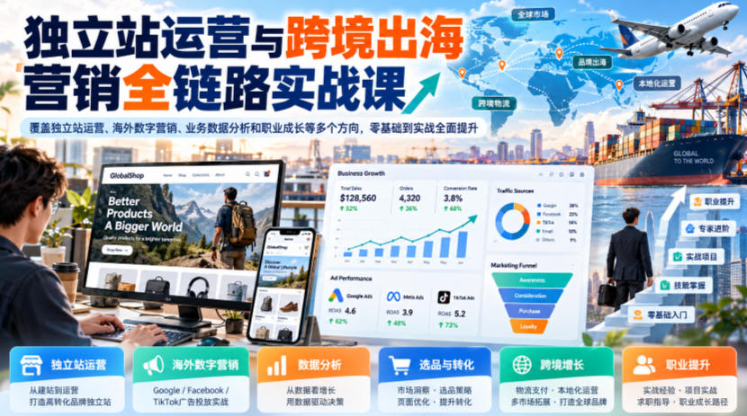 独立站运营与跨境出海营销全链路实战课，覆盖独立站运营、海外数字营销、业务数据分析和职业成长等多个方向，零基础到实战全面提升
