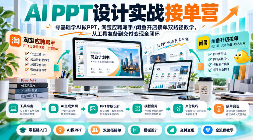 AI PPT设计实战接单营｜零基础学AI做PPT，淘宝应聘写手/闲鱼开店接单双路径教学，从工具准备到交付变现全闭环