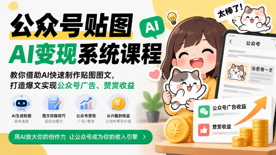公众号贴图AI变现系统课程｜教你借助AI快速制作贴图图文，打造爆文实现公众号广告、赞赏收益