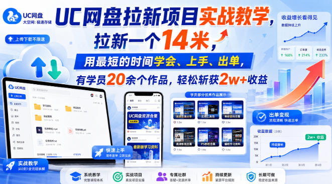 UC网盘拉新项目实战教学，拉新一个14米，用最短的时间学会、上手、出单，有学员20余个作品，轻松斩获2w+收益（更新1015）