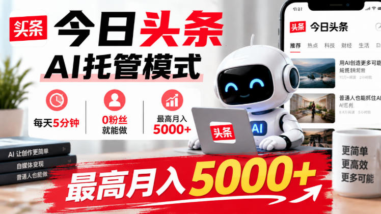 今日头条AI托管模式，每天5分钟，0粉丝就能做，最高月入5000+【揭秘】