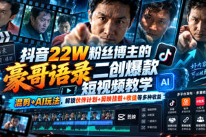 抖音22W粉丝博主的豪哥语录二创爆款短视频教学，混剪+AI玩法，解锁伙伴计划+剪映挂载+收徒等多种收益