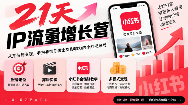 21天IP流量增长营，小红书全链路教学，账号定位剪辑实操，多模式变现系统课