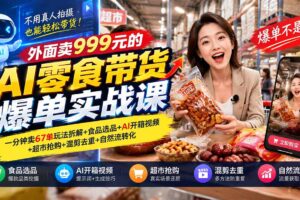 （20994期）外面卖999元的AI零食带货爆单实战课｜一分钟卖67单玩法拆解+食品选品+AI开箱视频+超市抢购+混剪去重+自然流转化