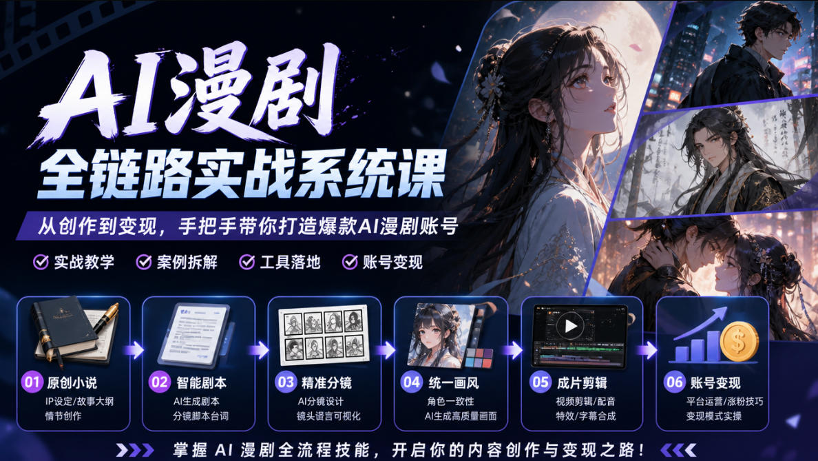AI漫剧全链路实战系统课｜原创小说、智能剧本、精准分镜、统一画风、成片剪辑、账号变现实操教学（更新1018）